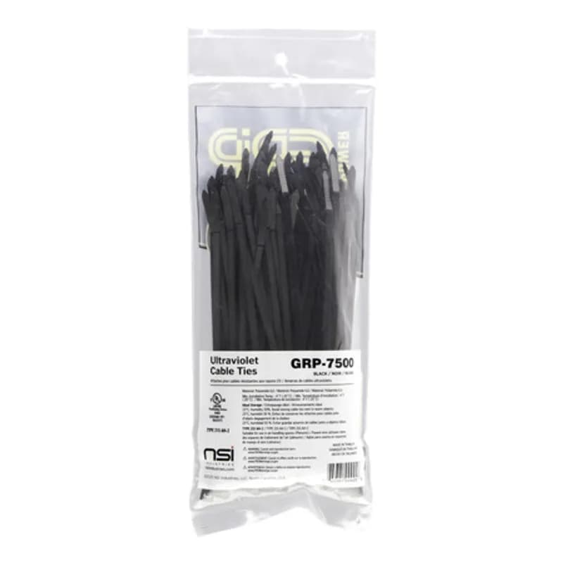 NSI Industries GRP-7500 - The PowerGRP GRP-7500 100-Count Resealable Pack of Type 21S AH-2 Black-Colored General-Purpose Cable Ties are 7â€ long, with 50lb of tensile strength for professional applications. Theyâ€™re made from polyamide 6,6 nylon, resulting in a high mechanical strength and a wide temperature range (-40 F to 185 F). Fasten these 7â€ cables ties around a wide range of equipment with a bundle diameter between .12â€ (3mm) and 1.81â€ (46mm), using the bent tips and serrated locking mechanism to form an effortless and secure grip. Designed for cable management in industrial applications and use in plenum spaces.