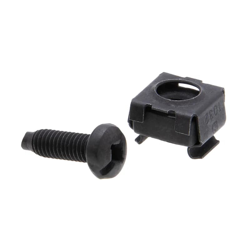 Cage Nut Kit, #12-24 Size, 50 piece(s), 5/8 in. length, Pan head, Slotted/Phillips/Square drive type, Lead Point, Black Phosphate finish, including a(n) #12-24 Cage Nuts and #12-24 x 5/8 in. Pan Head Screw. For use with Telecom Cabinets, Relay Racks and Patch Panels kit