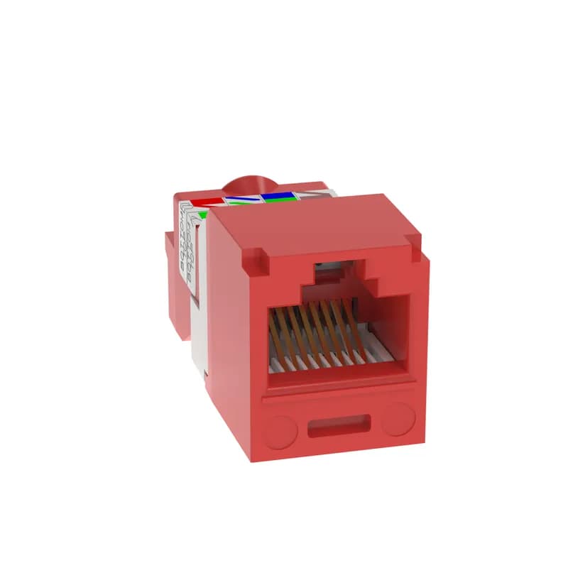 The Mini-Com Cat 5e UTP RJ45 TP-Style Jack Module is designed to terminate 4-pair, 22-24 AWG twisted pair cable. Each module is 100% factory tested for continuity. Contacts are plated with 50 microinches of gold for superior performance. Jack modules are compatible with Mini-Com Modular Patch Panels and Faceplates. The jack module is Red.