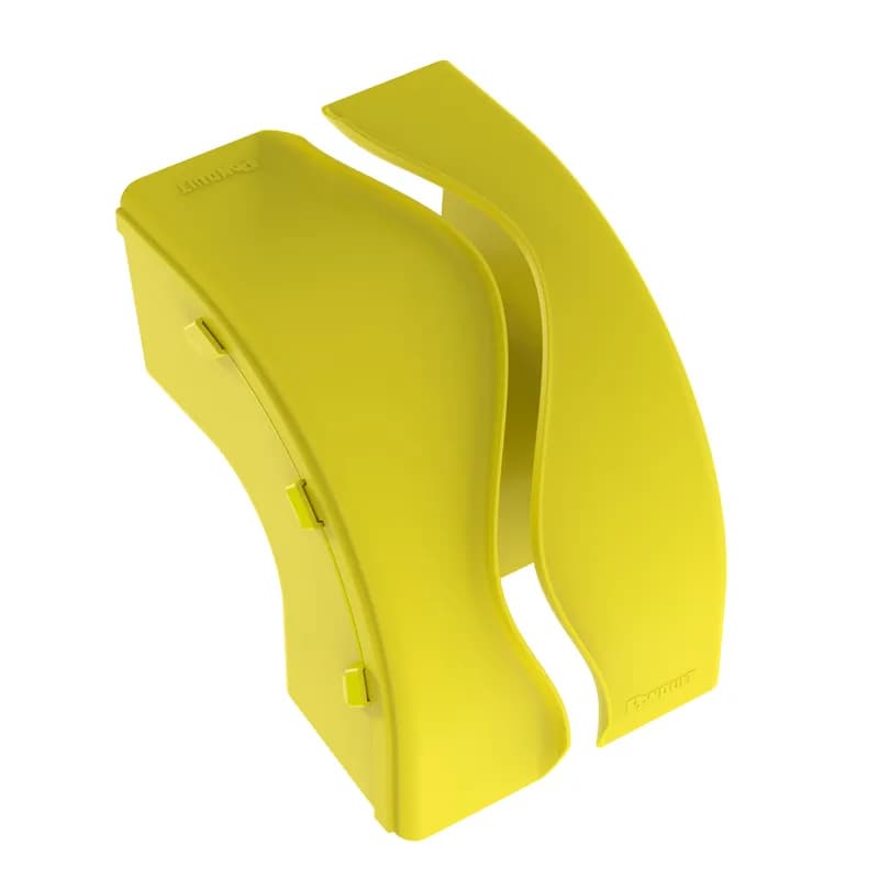 The FiberRunner Outside Vertical Right-Angle Fitting and Cover is used in cable routing systems. It attaches to the 6x4 channel and/or fitting to create a 90 upward angle from a straight horizontal run. It is used with the inside vertical right-angle fitting to change the level of a straight horizontal run. The outside vertical right-angle fitting and cover includes a split cover.