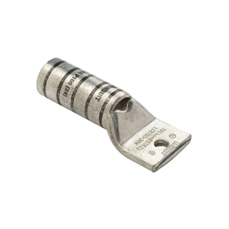 One-hole, long barrel lug with window, 750 kcmil cable, 5/8 stud hole.