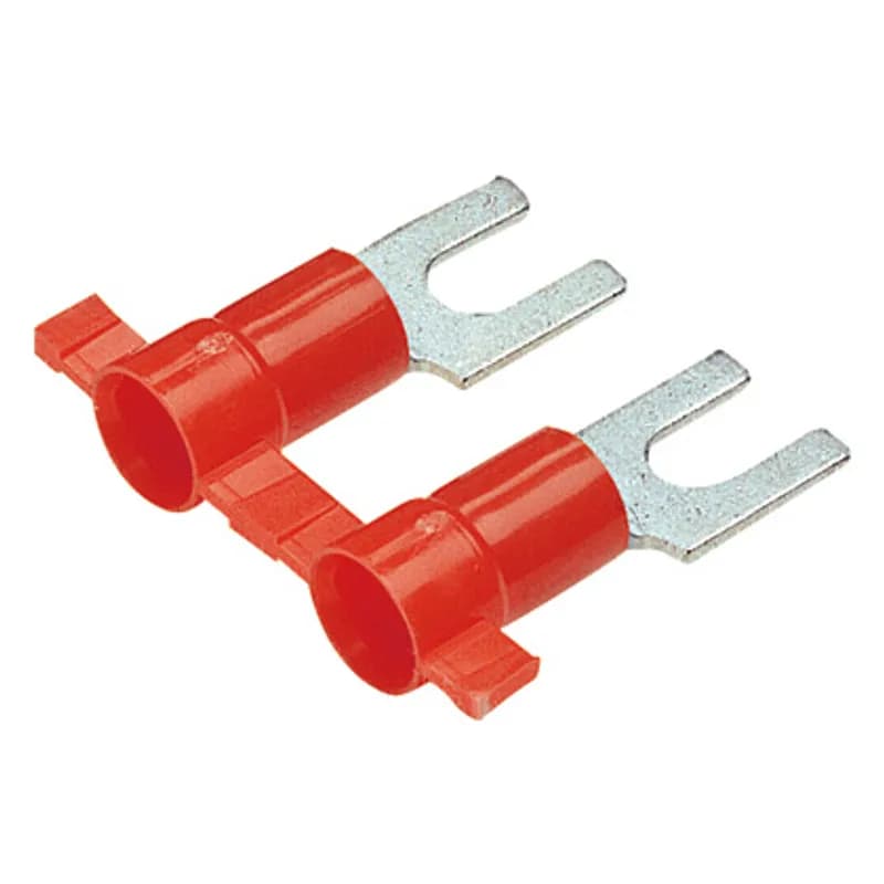 Fork Terminal, vinyl insulated, funnel entry, plastic insulation crimp, 22 - 18 AWG wire range, 1/4 stud size.