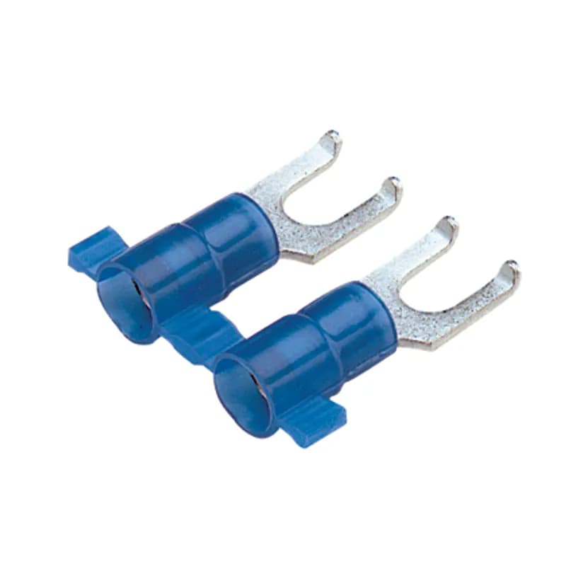 Flanged Fork Terminal, nylon insulated, metal insulation grip sleeve, 16- 14 AWG wire range, #10 stud size.
