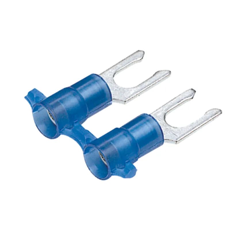 Locking Fork Terminal, nylon insulated, metal insulation grip sleeve, 16 - 14 AWG wire range, #6 stud size.