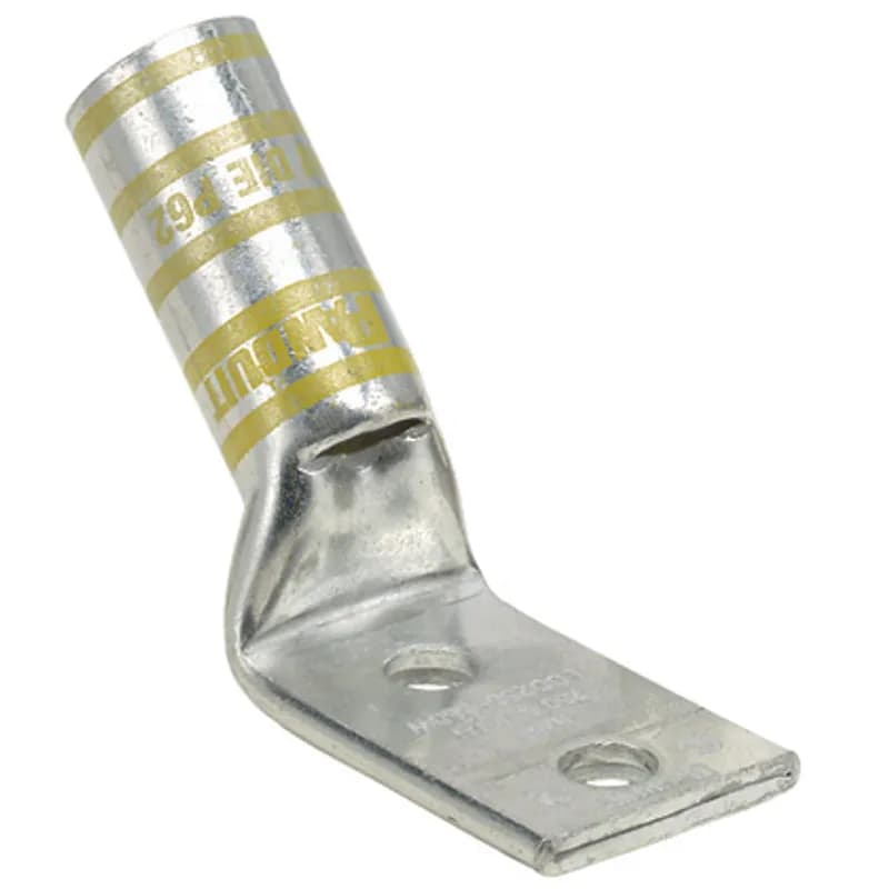 Two-hole, long barrel lug with window, #2 AWG wire, 1/4 stud hole, .63 hole spacing, 45 angle tongue.
