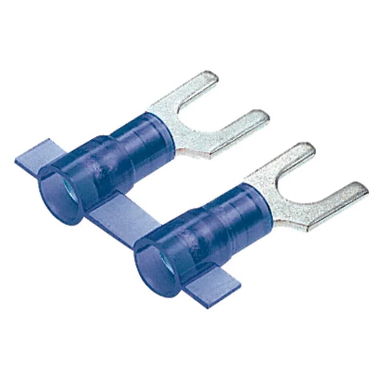 Fork Terminal, nylon insulated, narrow tongue, funnel entry, metal insulation grip sleeve, 16- 14 AWG wire range, #6 stud size.