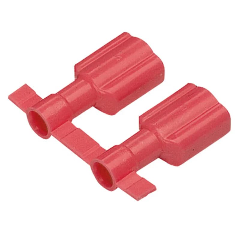 The vibration resistant male disconnect is made of brass and is nickel-plated. It is fully insulated in red premium nylon housing. It has a tab size of 0.250 x 0.032" (6.3 x 0.8 mm) and supports a wire range of 22-18 AWG (0.5-1.0 mm ). It is 0.9" (22.9 mm) long and 0.41" (10.4 mm) wide. The disconnect has a funnel entry barrel configuration and a butted seam barrel. It comes in reels of 2000.