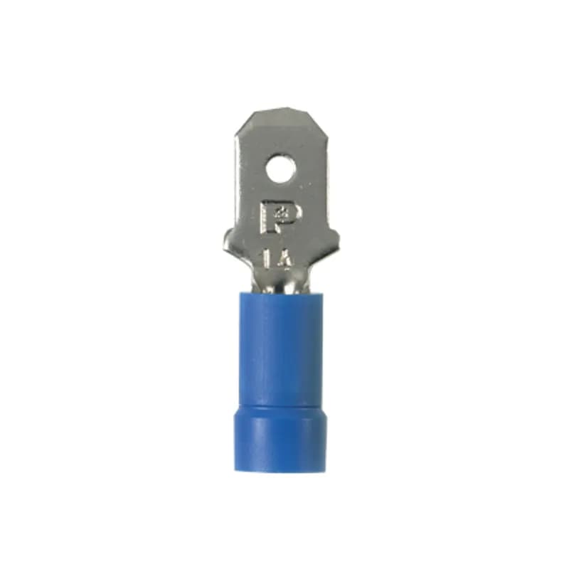 The vibration resistant male disconnect is made of copper and is nickel-plated. It is barrel insulated in blue vinyl housing. It has a tab size of 0.250 x 0.032" (6.3 x 0.8 mm) and supports a wire range of 16-14 AWG (1.5-2.5 mm ). It is 0.96" (24.4 mm) long and 0.25" (6.4 mm) wide. The disconnect has a funnel entry barrel configuration and a butted seam barrel. It comes in boxes of 1000.