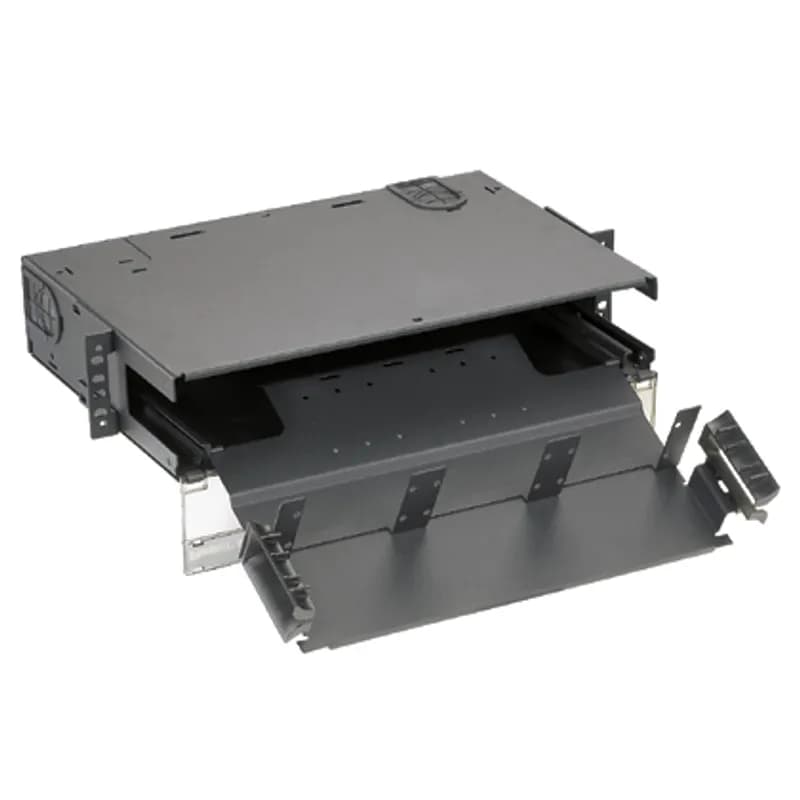 The Panduit Opticom 2 RU Rack Mount Fiber Enclosure has integral fiber management and can hold up to 6 FAPs for a maximum of 144 fibers. It ensures network reliability by housing, organizing, managing and protecting fiber optic cable, terminations, splices, connectors and patch cords. It is black powder coated steel.
