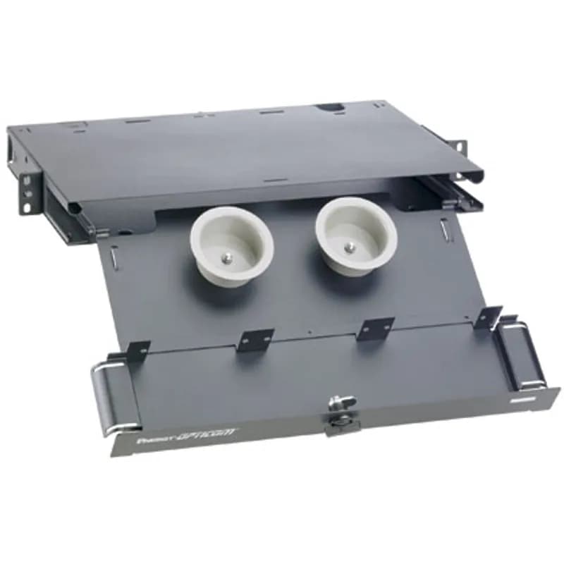The Panduit Opticom 1 RU Rack Mount Fiber Enclosure has integral fiber management and can hold up to 3 FAPs for a maximum of 72 fibers. It ensures network reliability by housing, organizing, managing and protecting fiber optic cable, terminations, splices, connectors and patch cords. It is black powder coated steel.