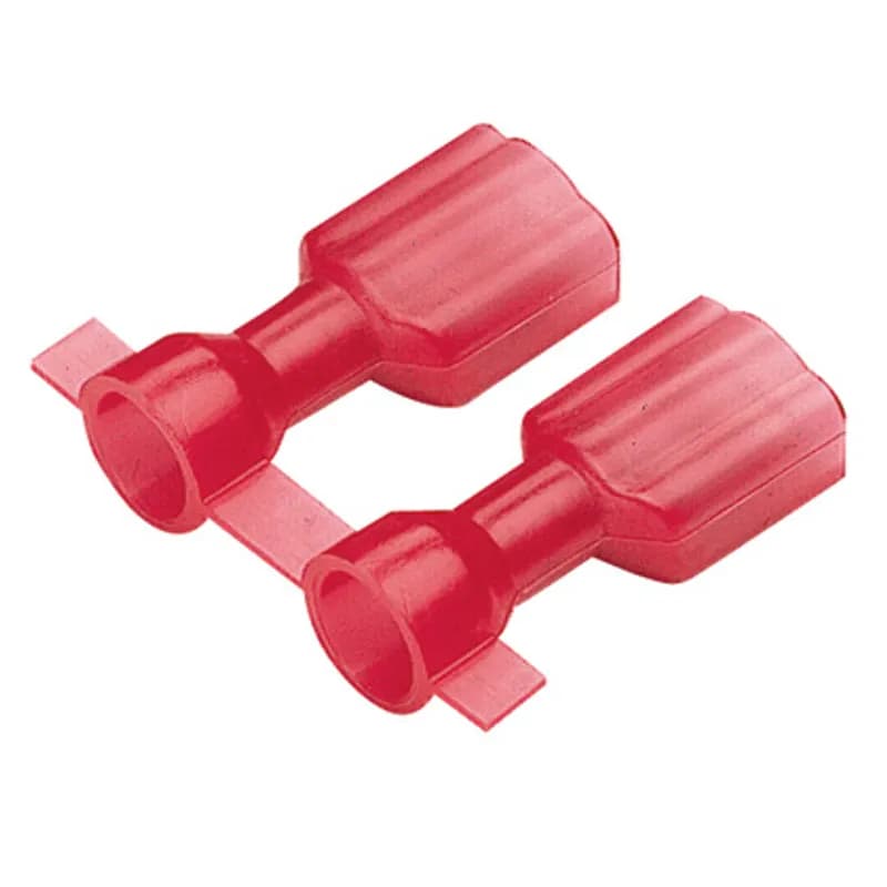 Panduit DNF18250FIMX-2K - The vibration resistant male tab disconnect is made of brass and is nickel-plated. It is fully insulated in a red, nylon standard housing and has an expanded wire entry area. It has a tab size of 0.250 x 0.032" (6.3 x 0.8 mm) and supports a wire range of 22-18 AWG (0.5-1.0 mm ). It is 0.97" (24.6 mm) long and 0.41" (10.4 mm) wide. The disconnect has an expanded barrel configuration and a butted seam barrel. It comes in reels of 2000 pieces.