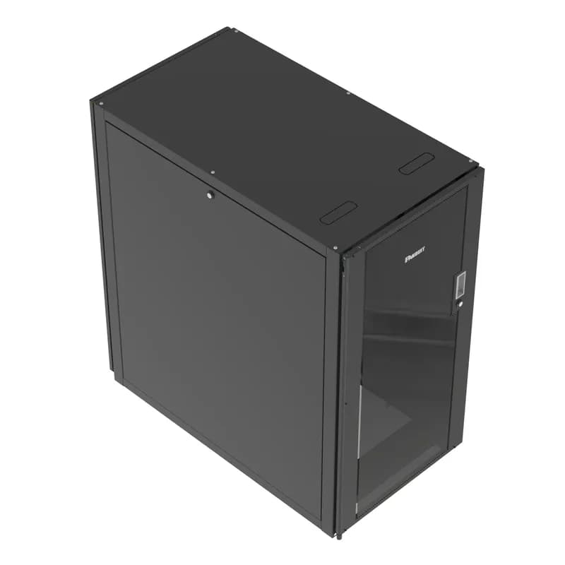This Net-Access E-Type Cabinet is a 24 RU, 600mm W x 1070mm D cabinet. The front and rear doors are single hinged perforated with keyed lock. The top of this data cabinet features two 1.5 x 5.0 breakouts for cable entry to prevent air leakage. It has two solid single-piece panels with turn locks and casters. It is designed for 19 patch panels, servers, and network equipment. The cabinet is 46.7" H x 23.5" W x 42" D. It is made of powder-coated steel and is black.