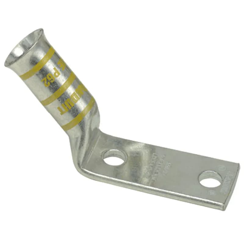 Two-hole, long flared barrel, 400 kcmil cable, 1/2 bolt holes, 1.75 hole spacing, NEMA hole sizes and spacing, 45 angle tongue.