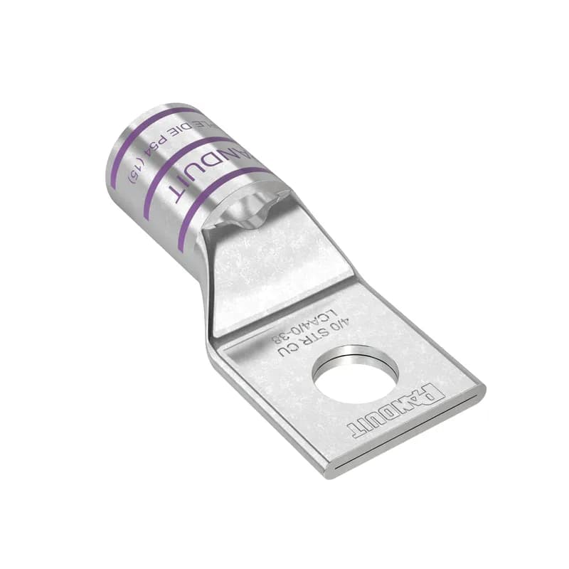 The LCA4/0-38-X Tin-Plated Copper Compression Lug, one-hole, standard barrel, has color-coded barrels marked with Panduit and specified competitor die index numbers for proper crimp die selection. An inspection window aids to visually assure full conductor insertion, and the tin-plate material helps to inhibit corrosion.  UL Listed and CSA Certified to 35 KV and temperature rated to 90 C