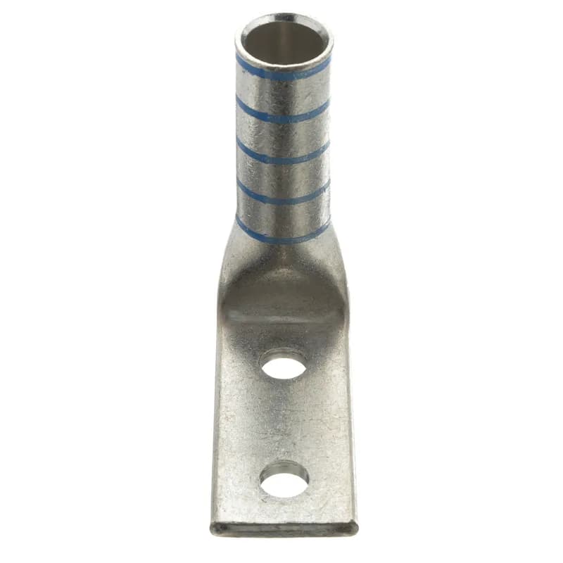 Two-hole, flex lug, long barrel, 350 kcmil cable, 1/2 stud hole, 1.75 hole spacing, 90 angle tongue.