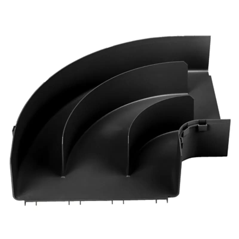 Attaches to 12x4 channel and/or fitting to create a 90 horizontal turn from a straight horizontal run. Inside divider walls manage cables routed around horizontal right angles. Accepts optional split cover FRRASC12BL.