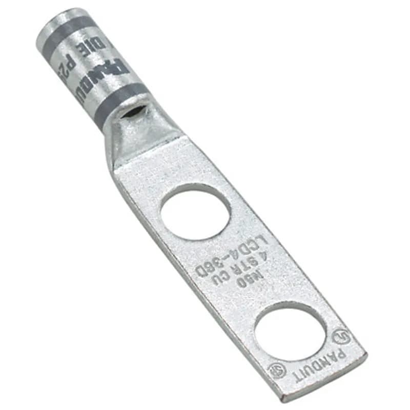 Two-hole, standard barrel lug with window, 1000 kcmil cable, 1/2 stud hole, 1.25 hole spacing, NEMA hole sizes and spacing.