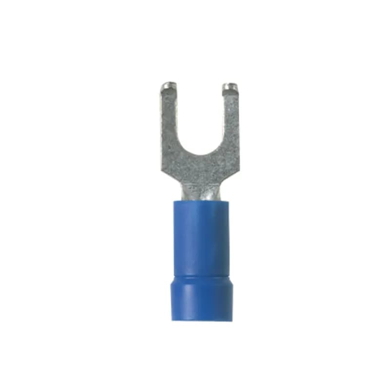 Flanged Fork Terminal, vinyl insulated, funnel entry, 16 - 14 AWG, #10 stud size, standard package.
