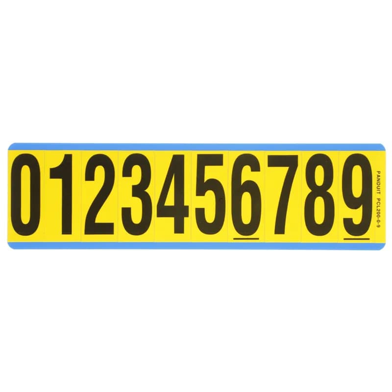 Vinyl cloth number, 2.00" (50.8mm) legend height, 2.25" (57.2) height, '0-9' (legend), black/yellow, vinyl cloth, 10 markers/card, 25 cards/package.