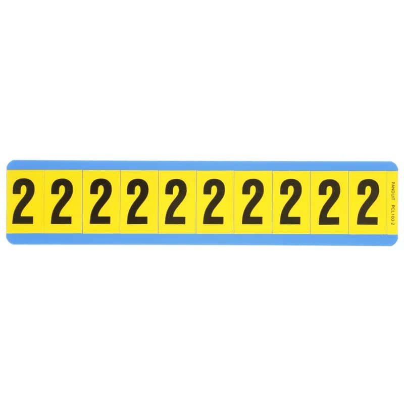 Vinyl cloth number, 1.00" (25.4mm) legend height, 1.50" (38.1) height, '2' (legend), black/yellow, vinyl cloth, 10 markers/card, 25 cards/package.