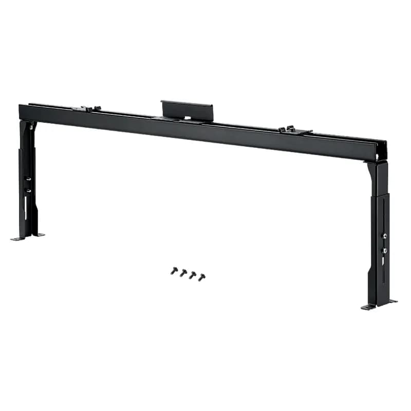 The elevated trapeze bracket in black is 16.8 (426.7 mm) high, 46.3 (1176.1 mm) long, 3.4 (86.4 mm) wide, and 46.3 (1176.1 mm) deep. It is designed for use on a Net-Access N-Type or S-Type 47.2 (1200 mm) Cabinet that is elevated. The bracket comes in standard packages of one.