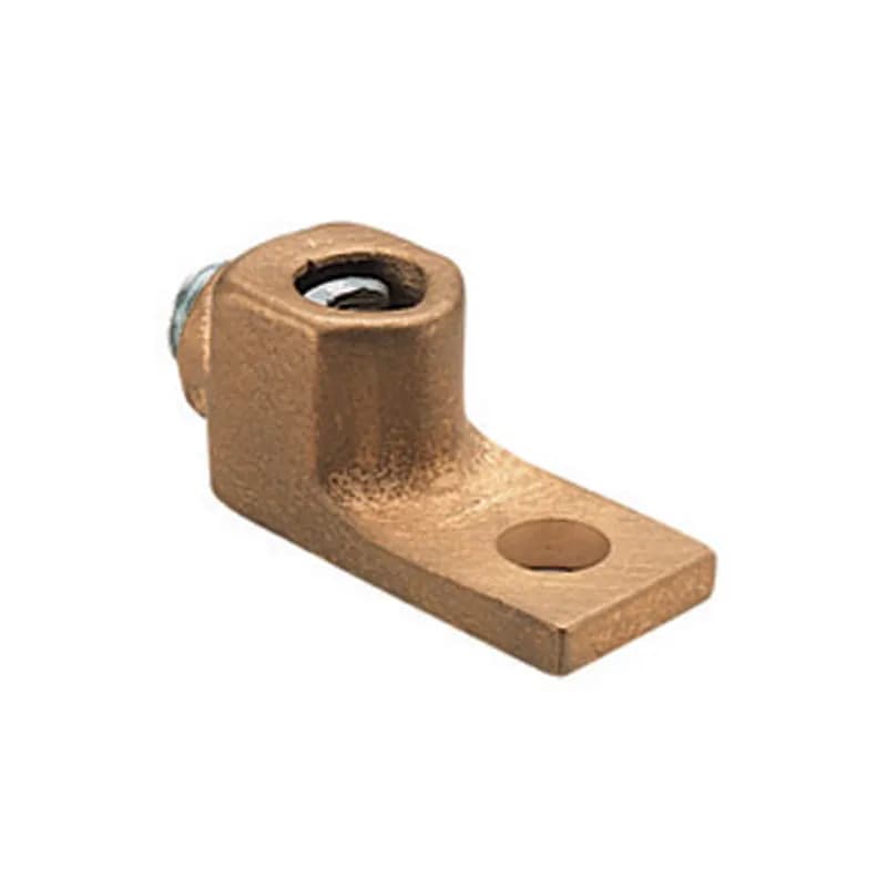 One-hole, copper, 90 single barrel lug, straight tongue, #4 SOL - #1 STR, 1/4 (6.4mm) stud hole.