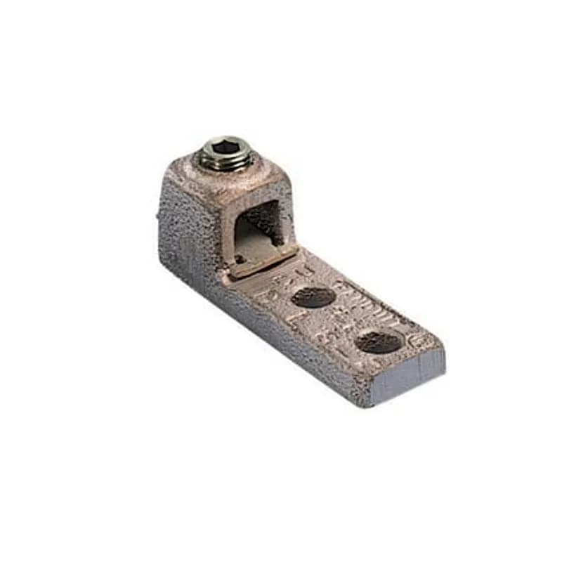 Two-hole, copper, single barrel, straight tongue lug with internal pressure plate, #4 SOL - #1 STR, 1/4 (6.4mm) stud hole.