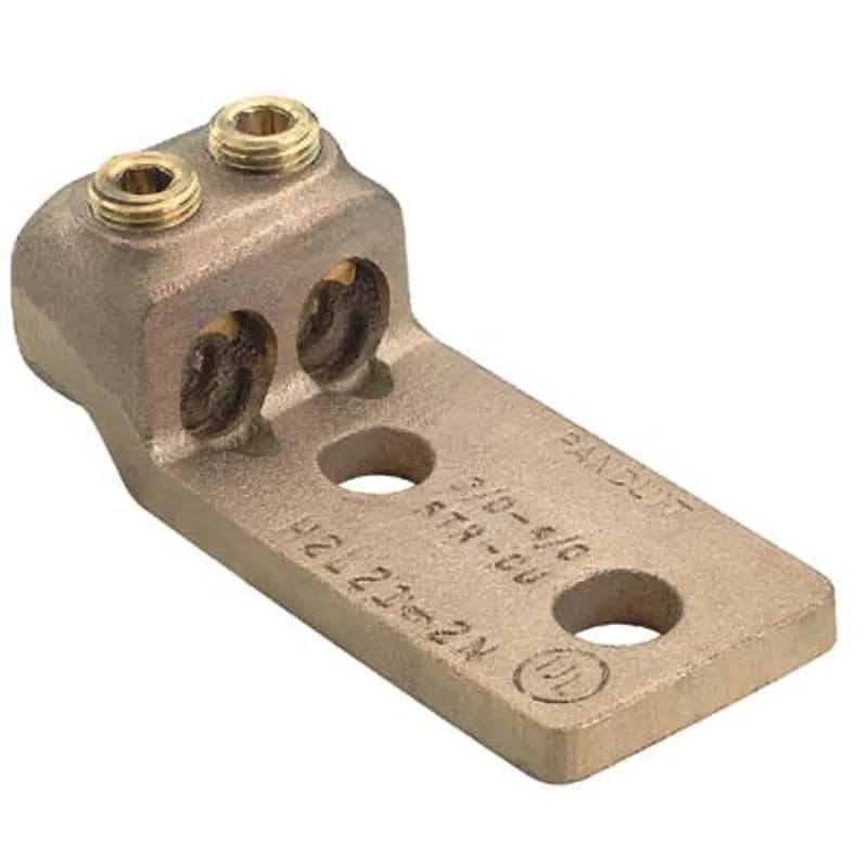 Two-hole, copper, two barrel lug, straight tongue, NEMA hole sizes and spacing, #1 STR - 2/0 STR, 1/2 (12.7mm) stud hole.