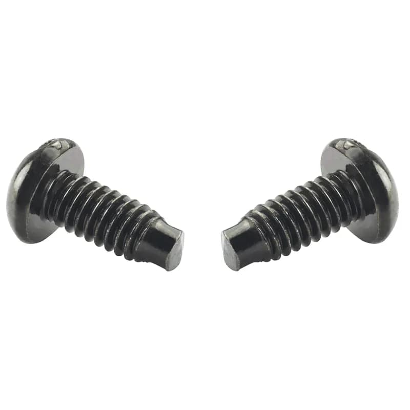 The #12-24 mounting screws secure equipment and accessories to #12-24 screw rails on 2-Post Racks, 4-Post Racks, and cabinets. They are steel, black, with a 0.42 inch (10.8mm) head diameter and 0.5 inch (12.7mm) thread length. Each package includes 100 pieces.