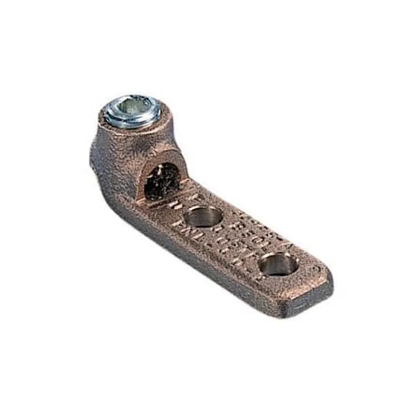 Two-hole, copper, single barrel, straight tongue lug, #4 SOL - 500 kcmil, 3/8 (9.5mm) stud hole.