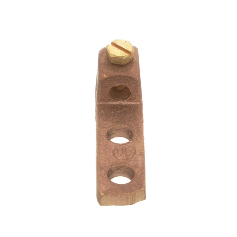 Two-hole, copper, single barrel, straight tongue lug with internal pressure plate, #14 SOL - #8 STR, 1/4 (6.4mm) stud hole.