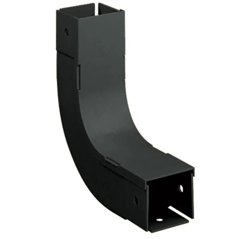 2 x 2 Fiber-Duct Fitting. Attaches to channel to create a 90 upward angle from a straight horizontal run. Used with outside vertical 90 angle fitting FOVRA2X2BL or FOVRA4X4BL to change level of straight horizontal runs. Cover included. Black.