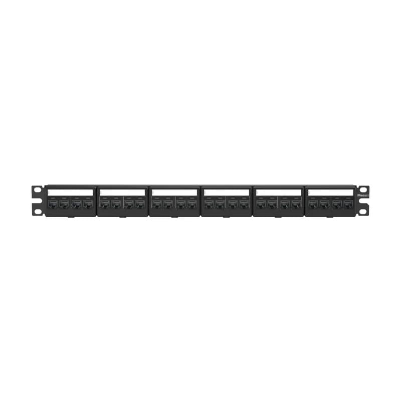 The Mini-Com Modular Patch Panel Kit includes 24 Mini-Com Cat 6A TG Jack Modules for unshielded applications, is 1 RU, and mounts to 19 inch and 23 inch racks and cabinets. The panel offers front access, includes label pockets for easy identification, and is black.
