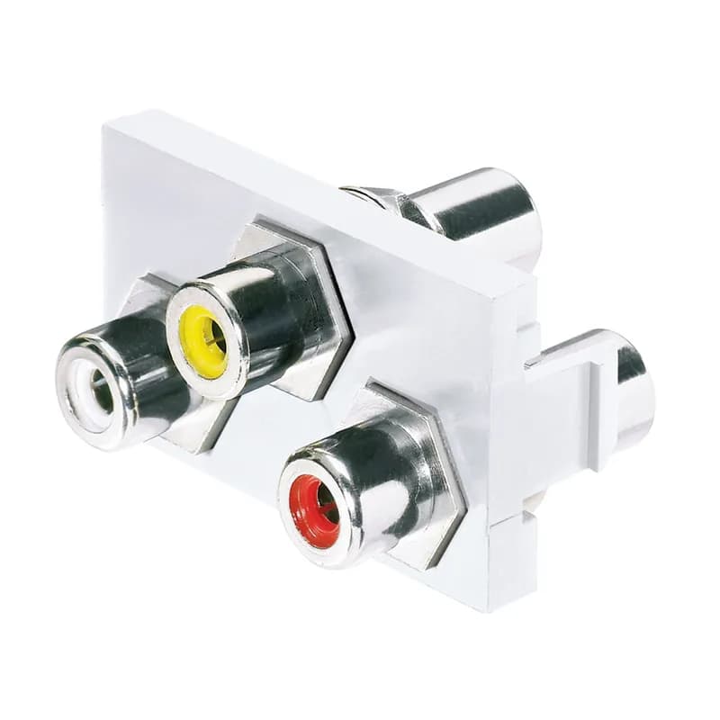 1/3 insert with three RCA pass-through couplers. RCA insert colors are white, yellow and red. Composite video and left and right stereo, Intl Gray.