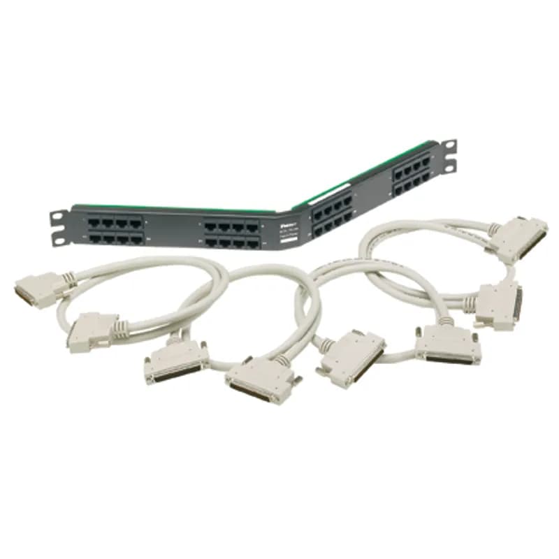 SCSI 32-port RJ45-to-HD68 angled patch panel kit in black has 32 RJ45 ports wired to four 68-pin SCSI connectors, includes four cable assemblies, each is three feet long with 68-pin DB68 male plugs on both ends, (1 RU).