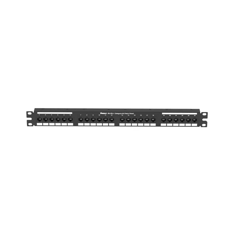 The NetKey Cat 6A UTP Flat Punchdown Patch Panel terminates 4-pair, 22 26 AWG, twisted pair cable. These Cat 6A patch panels mount to 19 inch and 23 inch racks and incude 24 ports. Each module is 100% factory tested to exceed industry standard performance requirements, and are individually serialized for traceability. The punchdown patch panel is 1 RU, made of steel, and is black.