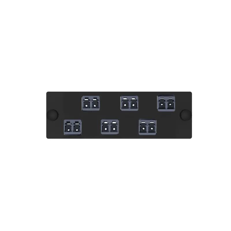 The Opticom LC fiber adapter panel is OM4 and is loaded with 6 LC duplex fiber optic adapters. The fiber optic adapters are Keyed F-Dark Blue and has zirconia split sleeves.