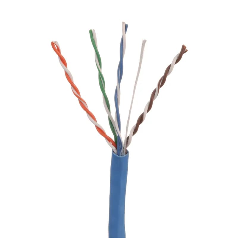 The enhanced copper cable is Category 5e (riser CMR) UTP, 4-pair with conductors that are 24 AWG construction with polyolefin insulation. The cable is twisted in pairs and protected by a flame-retardant PVC jacket. It is blue and 1000' (305m) long.