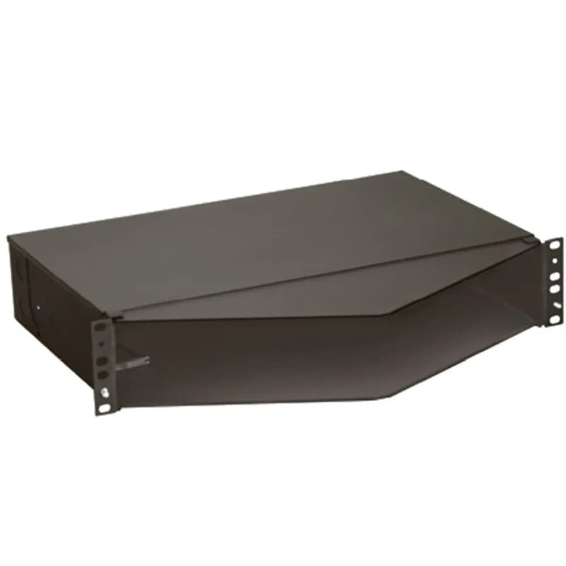 The Opticom angled fiber tray is designed to organize fiber distribution cabling. When used with the CFAPPBL2A patch panel, it accommodates up to 8 QuickNet cassettes or FAP adapter panels. It is black powder coated steel and features 8 ports in a 2 RU footprint. It measures 3.48 inches H x 17.16 inches W X 11.16 inches D (88mm x 433mm x 283mm).