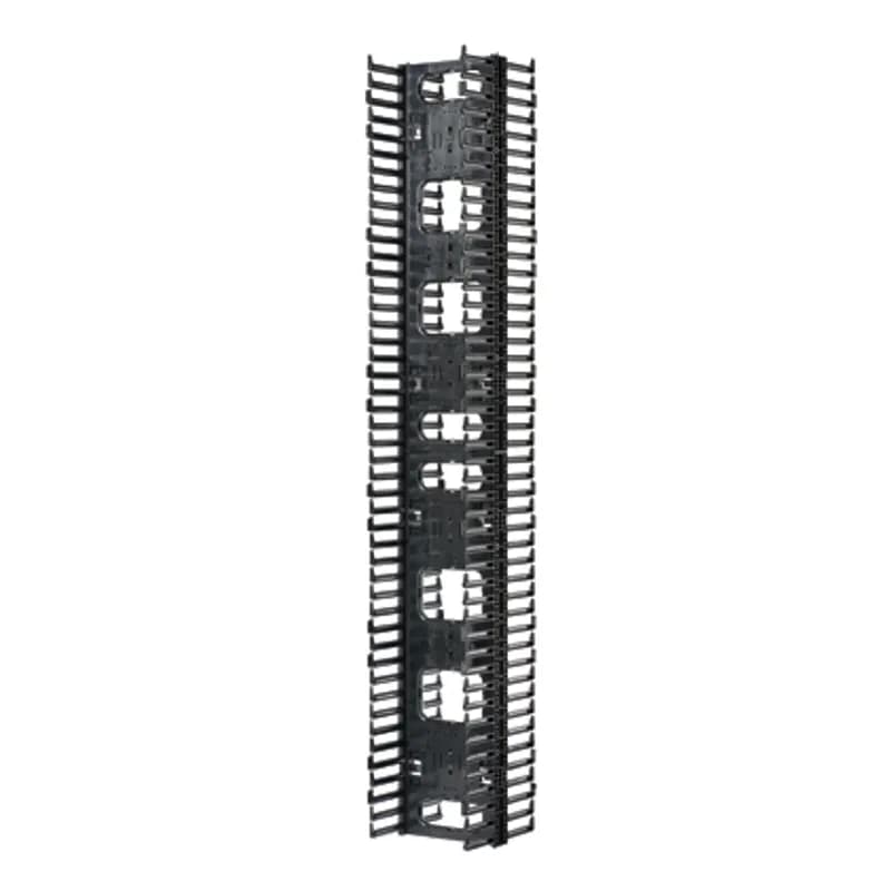 The Panduit NetRunner High Capacity Vertical Cable Manager cost-effectively organizes, protects and showcases network cabling in medium to large enterprise switches. Large finger openings channel cables up to 24 Category 6A while maintaining integral bend radius control for long-term reliable system performance. Dual-sided, ABS Plastic, 45RU, Black, 1pc, Black.