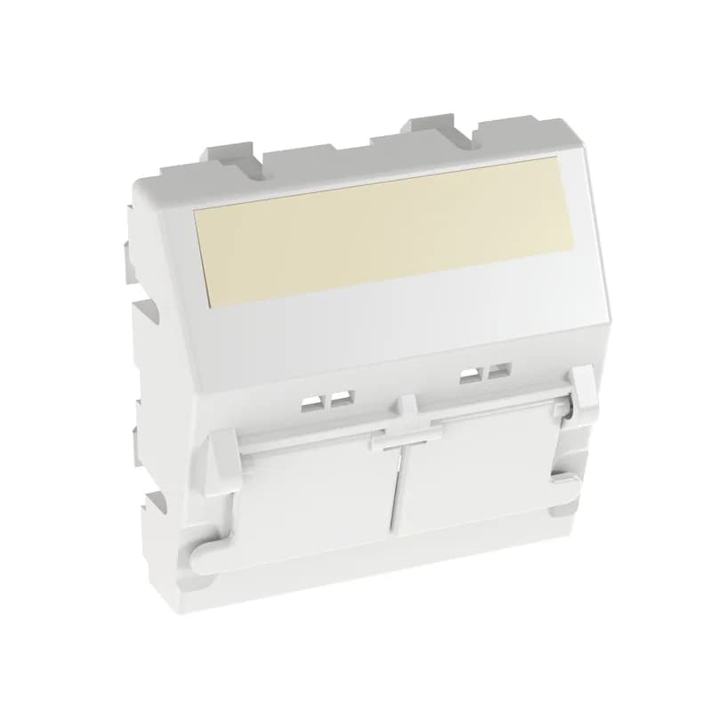 The Mini-Com 45mm x 45mm Faceplate Adapter accepts two Mini-Com Modules. Adapter mounts to standard 45mm x 45mm openings, has a sloped design to improve bend radius, and is shuttered to protect modules from dust and debris. The adapter includes a label pocket for easy identification and is arctic white.