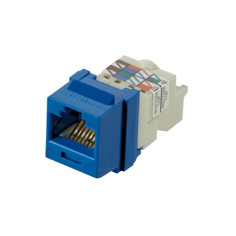 The NetKey  Cat 6 UTP TP Keystone Jack Module is designed to terminate 4-pair, 22 26 AWG twisted pair cable. Each module is 100% factory tested to exceed industry standard performance requirements. Contacts are plated with 50 microinches of gold for superior performance. Jacks are individually serialized for traceability and are compatible with keystone interfaces such as NetKey  Faceplates, Modular Patch Panels, and Surface Mount Boxes. The jack module is blue.