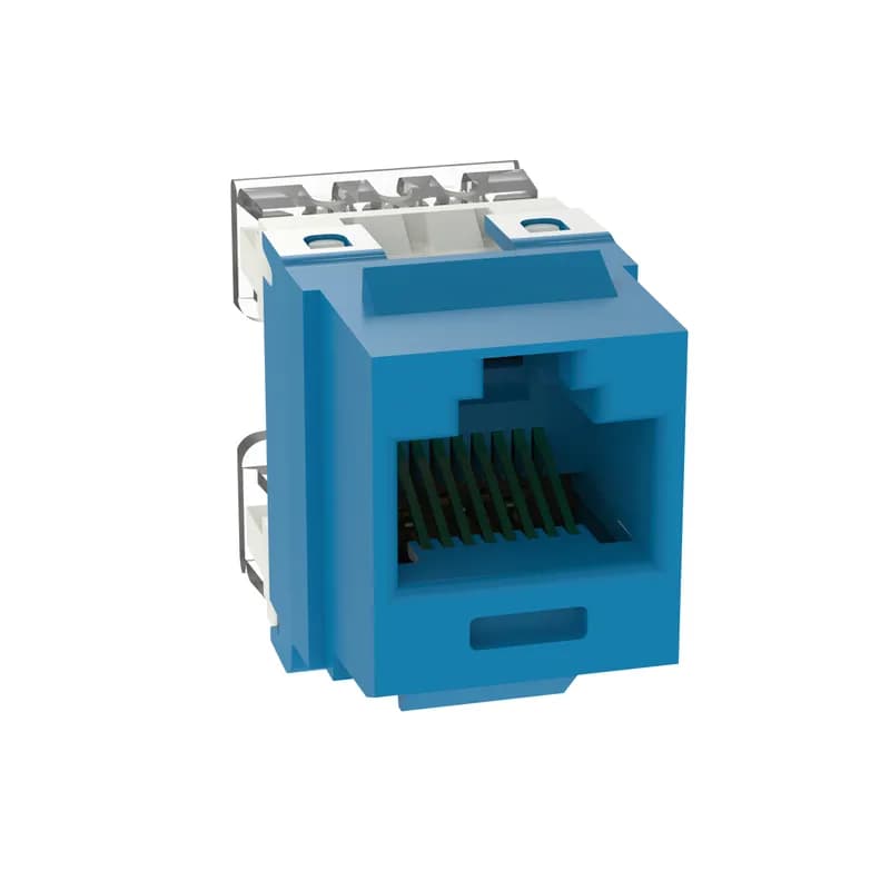 The NetKey Cat 5e UTP RJ45 Punchdown Keystone Jack Module is designed to terminate 4-pair, 22-26 AWG twisted pair cable. Each module is 100% factory tested to exceed industry standard performance requirements. Contacts are plated with 50 microinches of gold for superior performance. Jacks are individually serialized, and are compatible with keystone interfaces such as NetKey Faceplates, Modular Patch Panels, and Surface Mount Boxes. The module is blue and includes 25 per package.