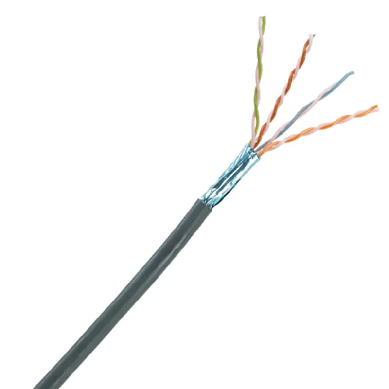 Shielded copper cable, category 5e F/UTP, plenum (CMP), conductors are 24 AWG construction with FEP insulation, twisted in pairs, surrounded by an overall polyester aluminum foil with stranded copper drain wire and protected by a low smoke flame-retardant PVC jacket, white.