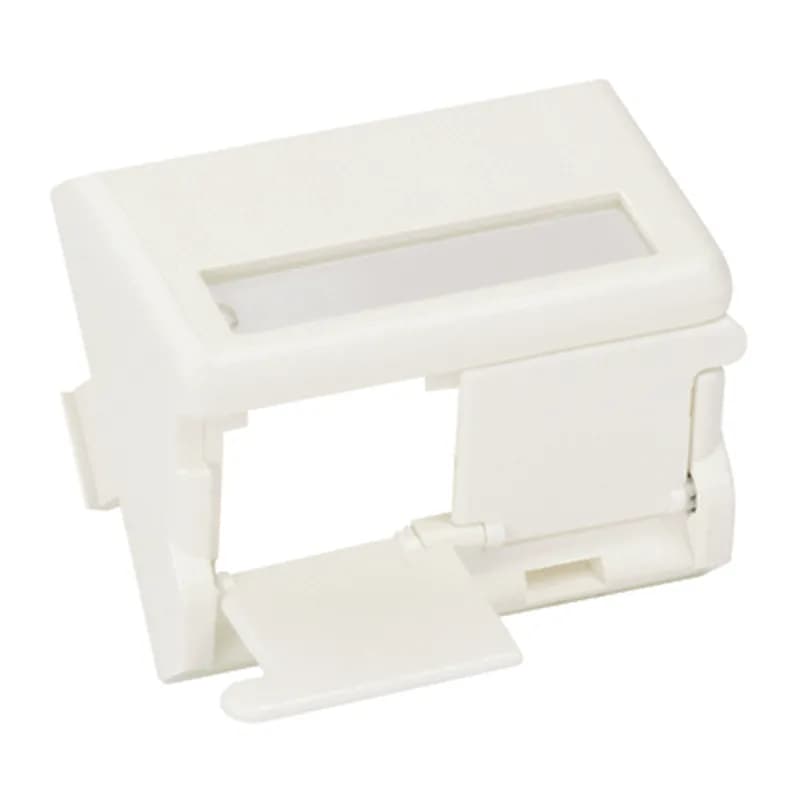 Two module space, 1/2-size, sloped shuttered insert accepts two Mini-Com Modules. Supplied with label and label cover. Not suitable for use with any audio/video or fiber connector module that protrudes beyond the face of the insert, White.