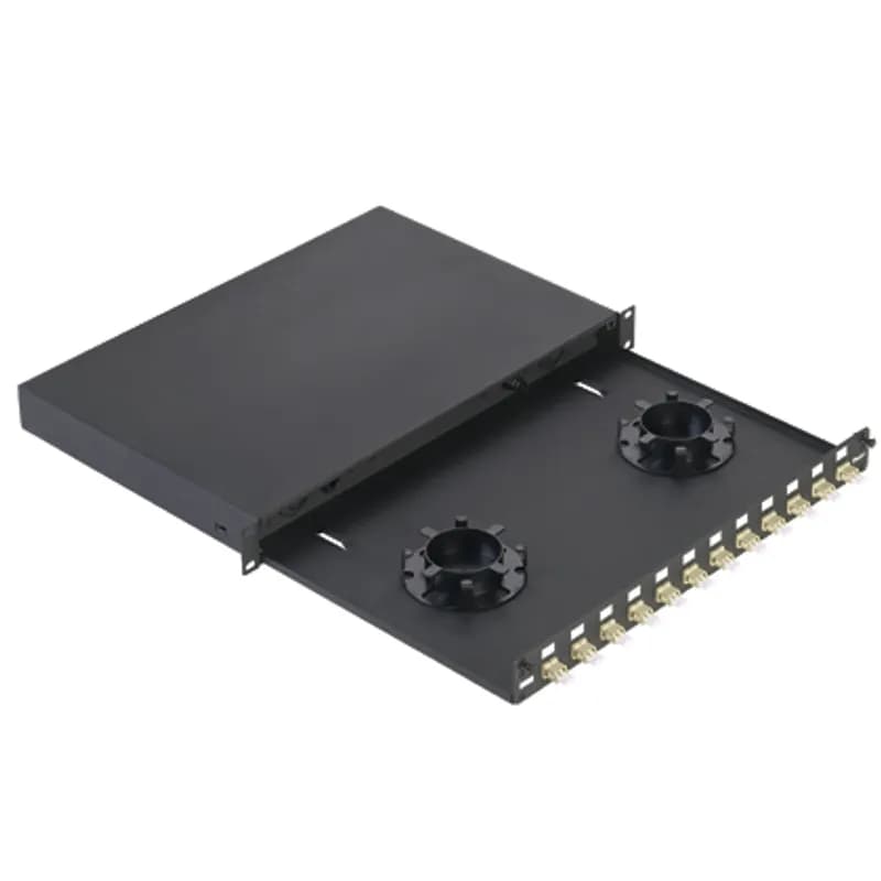 NK Pre-loaded fiber drawer with 12 LC duplex adapters for 50 m (OM2) multimode fiber.