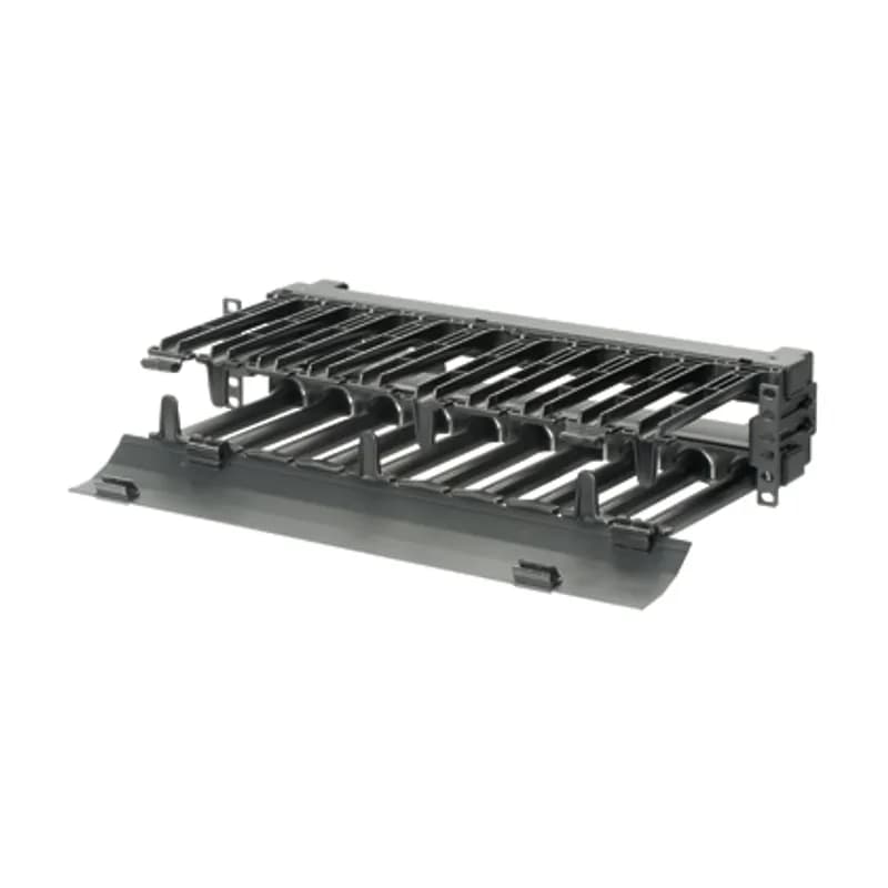 The Panduit PatchRunner Horizontal Cable Manager organizes and protects copper and fiber network cabling in any standard EIA 19in (483mm) rack or cabinet. Large front finger openings easily accommodate Category 6 and 10G cables, reducing installation time and maintenance costs. This manager telescopes for flush mount with PatchRunner and PatchRunner High Capacity vertical cable managers. Hinged front cover only, 2RU, Black, 1pc.