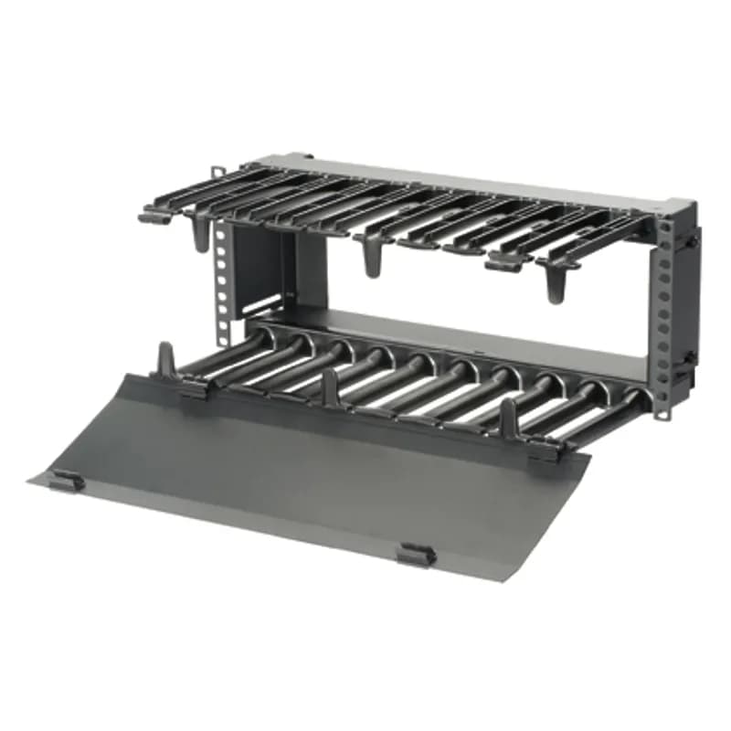 The Panduit PatchRunner Horizontal Cable Manager organizes and protects copper and fiber network cabling in any standard EIA 19in (483mm) rack or cabinet. Large front finger openings easily accommodate Category 6 and 10G cables, reducing installation time and maintenance costs. This manager telescopes for flush mount with PatchRunner and PatchRunner High Capacity vertical cable managers. Hinged front cover only, 4RU, Black, 1pc.
