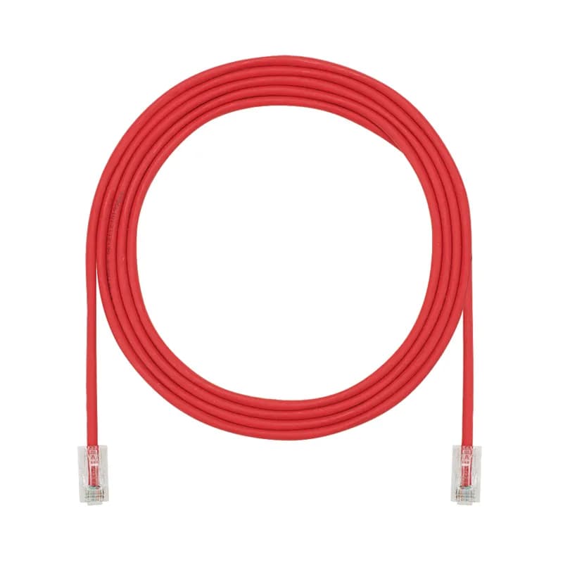 The TX5e Cat 5e UTP Patch Cord is a 3-Meter, 0.150-inch (3.8mm) diameter, Red cord constructed of 28 AWG, unshielded, twisted pair, stranded, CM cable with Pan-Plug modular plugs. Its compact 28 AWG design simplifies installation and management. The tangle-free latch prevents snags and ensures a fast release, streamlining moves, adds, and changes. Enabled with RapidID, the product has pre-installed barcodes for simple port mapping using RapidID software.