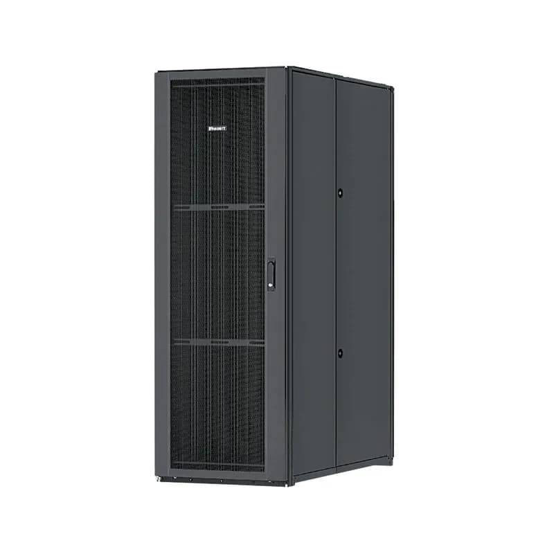 Net-Access S-Type Cabinet frame with top panel. Single hinge perforated front door. Split perforated rear doors open in the middle to minimize door swing footprint. Solid side panels (2), casters, POU brackets (1 set), cage nut rails (2 sets). Dimensions: 90.3in H x 27.6in W x 48.0in D (2292mm x 700mm x 1200mm). Color: Black